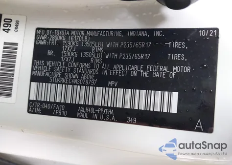 2022 Toyota Sienna Le z USA, uszkodzony, nr VIN 5TDKRKEC4NS078797